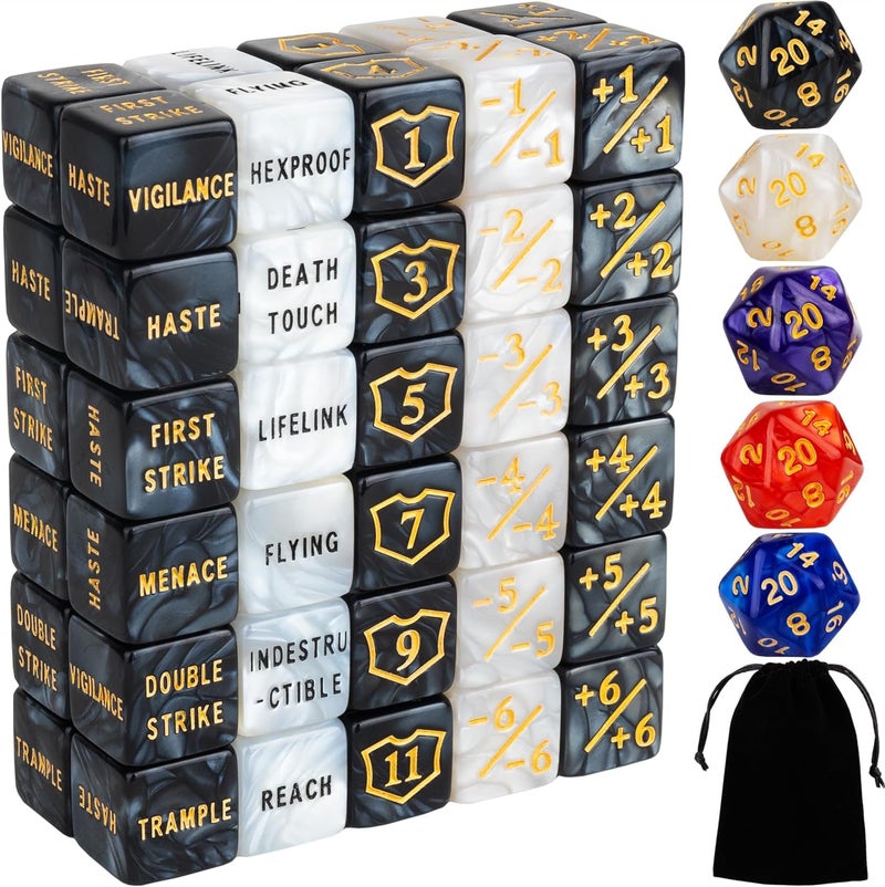 LAMJAM 65 Pieces MTG Dice Counters Life Keyword Counter Dice Set Plus One/+1 Buff Abilities Shield Tokens for MTG, TCG, Cards Gaming Accessories - Image 1